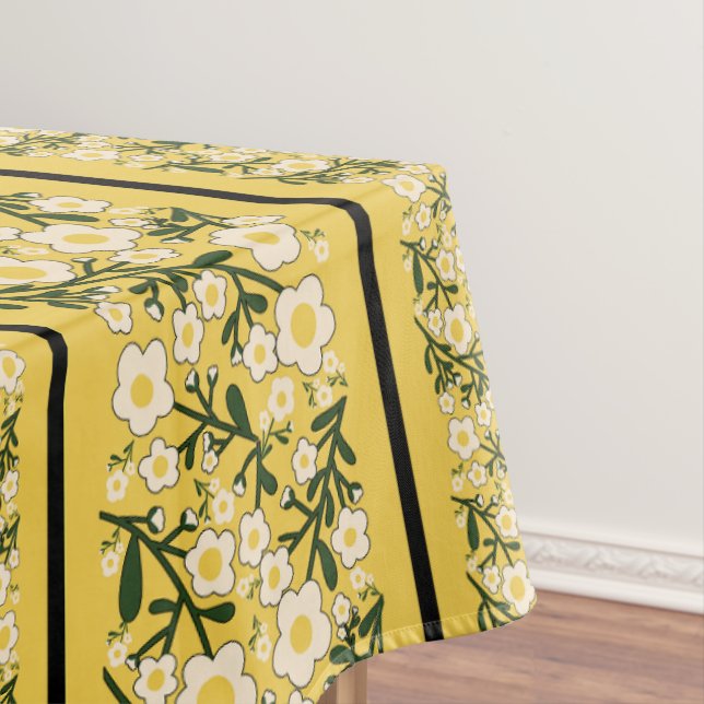 Stripe Dainty Flowers Lemon Yellow Background Tablecloth (In Situ)
