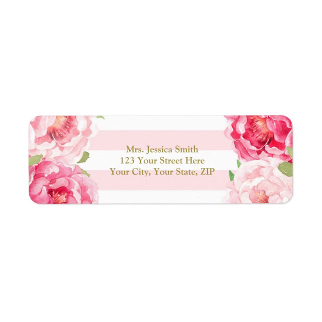Stripe Gold Pink blush Floral Return Address Label (Front)