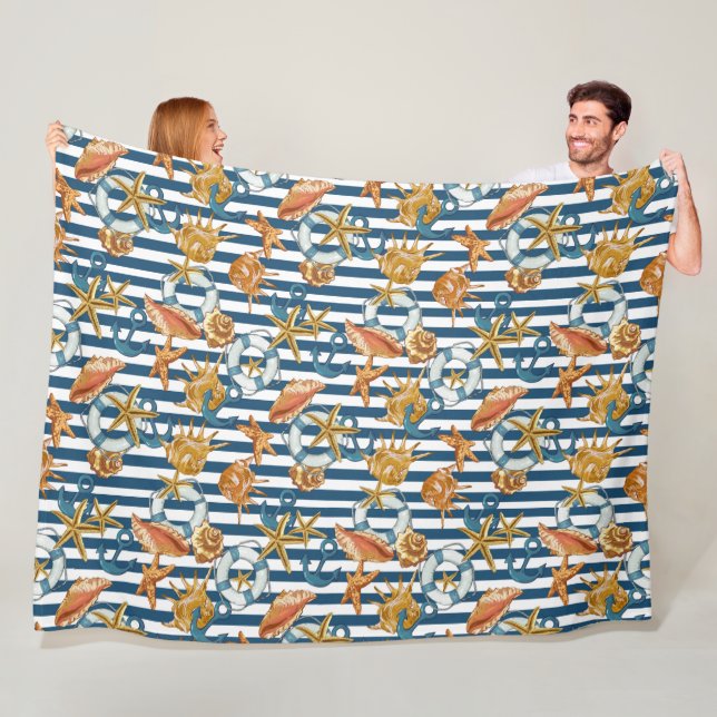 Stripe Marine Pattern Anchor Life Line Sea Shells  Fleece Blanket (In Situ)
