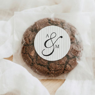 Stripe Monogram Script Ampersand Wedding Classic Round Sticker
