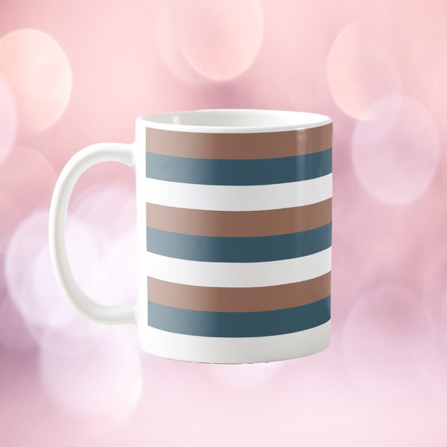 Stripe Pattern Brown Teal White Coffee Mug (A mug with brown, teal and white stripes)