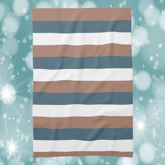 Stripe Pattern Mocha Brown Teal White Tea Towel (A kitchen towel with brown, white and teal stripes.)
