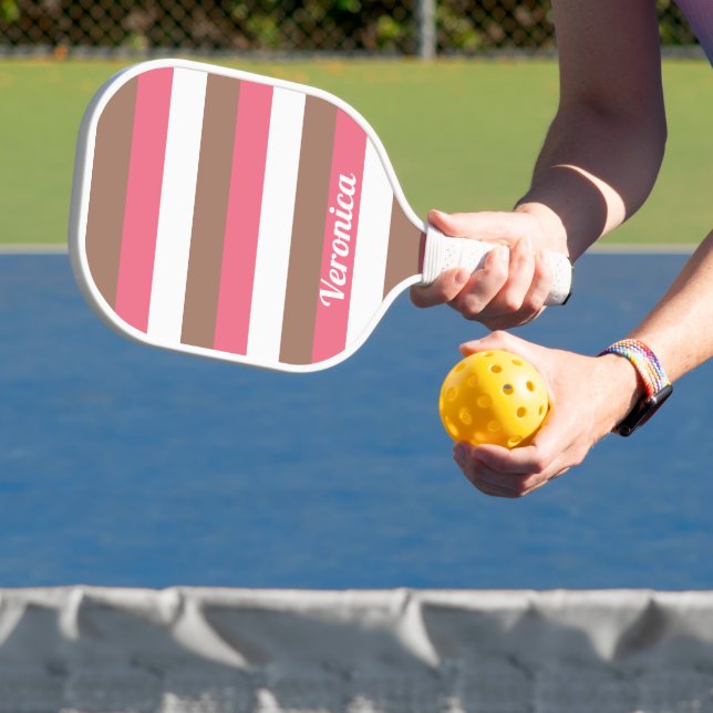 Stripe Pattern Personalise Brown Pink White Pickleball Paddle (Insitu)