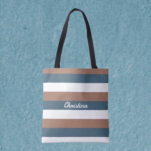Stripe Pattern Personalise Teal Brown White Tote Bag (A tote bag with mocha brown, teal and white stripes!  Includes text that can be personalized!)