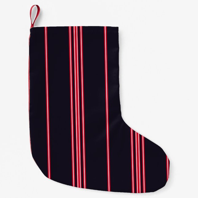 Stripe pattern with navy blue, white and red verti small christmas stocking (Front)