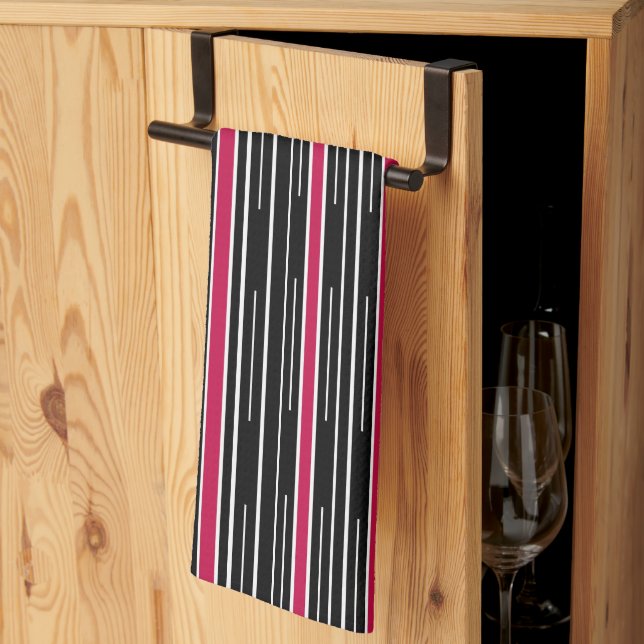 Stripe Pink Black Kitchen Hand Towel (Thirds Fold)