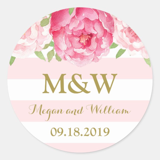 Stripe Pink Floral Monogram Wedding Favour Tag (Front)