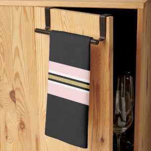 Stripe Pink White Gold Black Kitchen Hand Towel