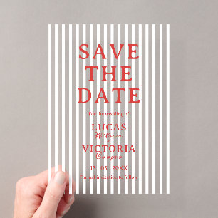 Stripe Red and White Transparent Save The Date Acrylic Invitations