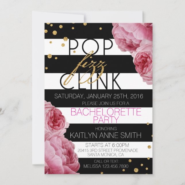 Stripe Roses and Glitter Dots Bachelorette Party Invitation (Front)