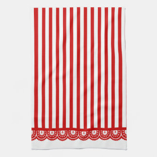 Stripe Skull Lace Tea Towel - Red on White