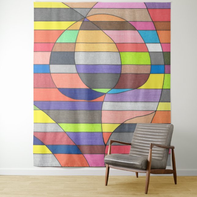 Striped Abstract with Colourful Ovals and Curves Tapestry (In Situ)