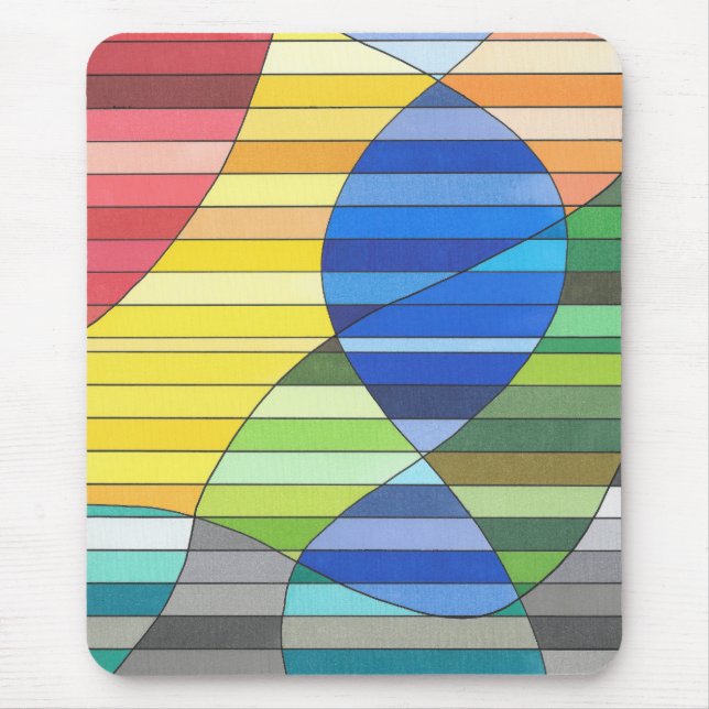 Striped Abstract with Yellow and Blue Shapes Mouse Pad (Front)