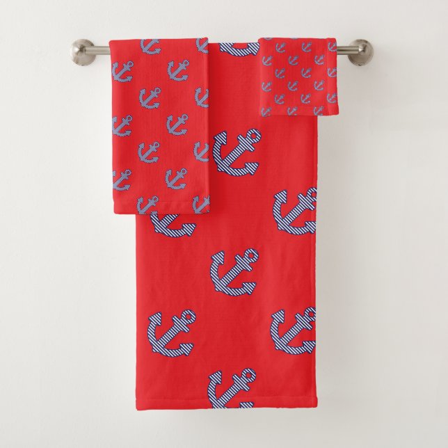 Striped Anchor Repeat Red    Bath Towel Set (Insitu)