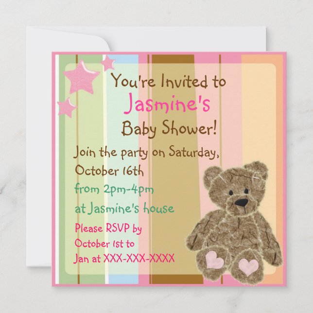 Striped baby girl teddy bear shower invitations (Front)