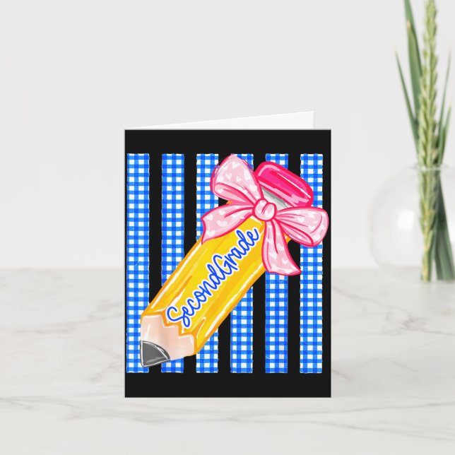 Striped back to school pencil bow second grade card (Front)