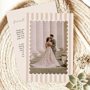 Striped Background and Scalloped Wedding Photo  Thank You Card