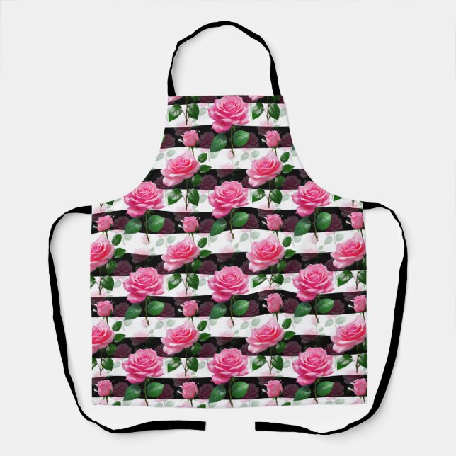 Striped Background Rose Flower Pattern Design  Apron (Front)