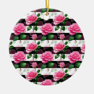 Striped Background Rose Flower Pattern Design Ceramic Tree Decoration