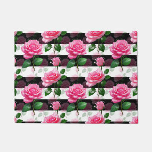 Striped Background Rose Flower Pattern Design Doormat
