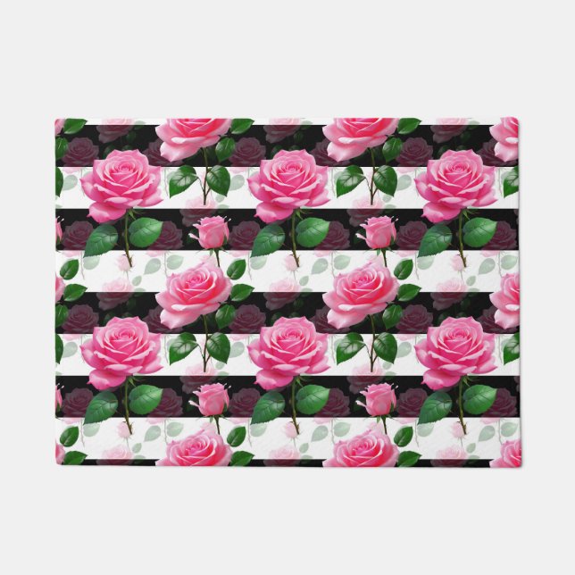 Striped Background Rose Flower Pattern Design  Doormat (Front)
