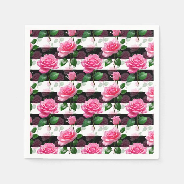 Striped Background Rose Flower Pattern Design  Napkin (Front)