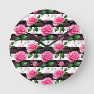 Striped Background Rose Flower Pattern Design Round Clock