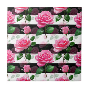 Striped Background Rose Flower Pattern Design Tile