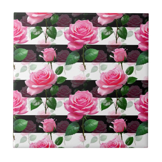 Striped Background Rose Flower Pattern Design  Tile (Front)