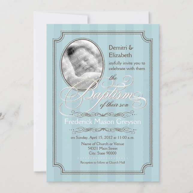 Striped Baptism Invitation (Pale Blue) (Front)
