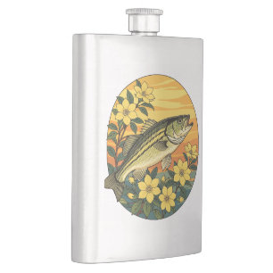 Striped Bass Rockfish And Yellow Jasmine Flowers Hip Flask