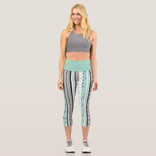 Striped Black and Green Casual Capri Leggings