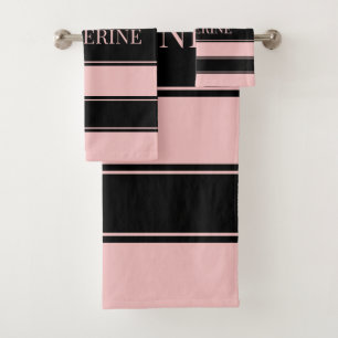 Striped Black and Pink Custom Name Bath Towel Set
