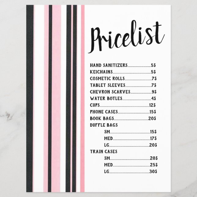 Striped Black And Pink Price List Flyer (Front)
