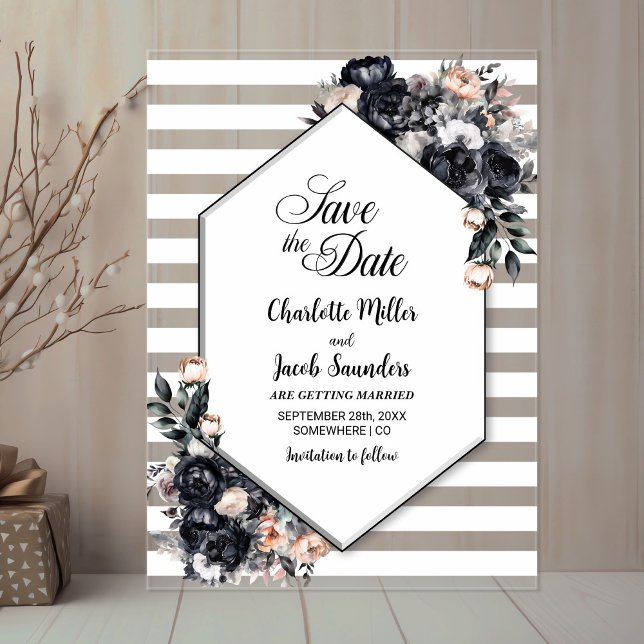 Striped Black Floral Acrylic Save the Date Invitations (Creator Uploaded)