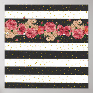 Striped black pink gold glitter confetti floral poster
