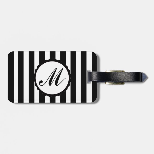 Striped Black White Custom Monogram Luggage Tag (Back Horizontal)