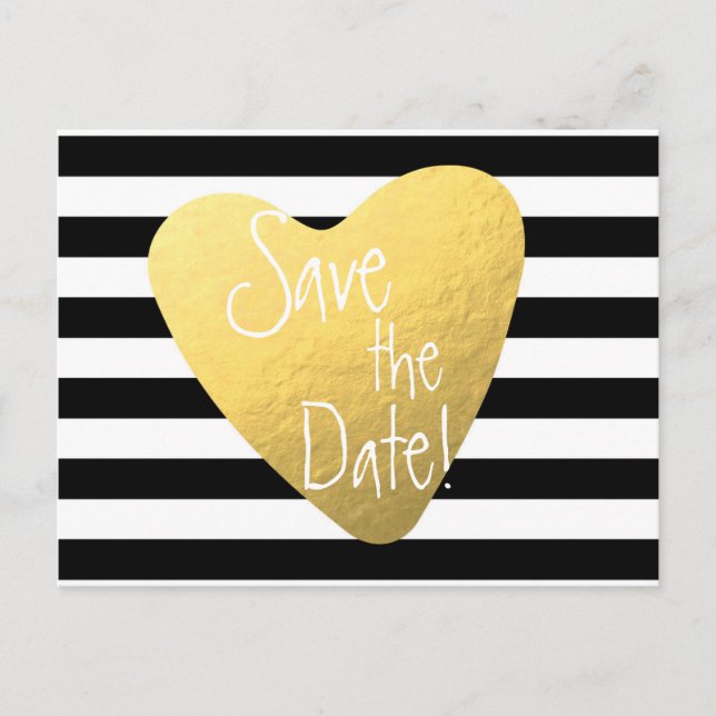 Striped Black White Gold Foil Heart Postcard (Front)