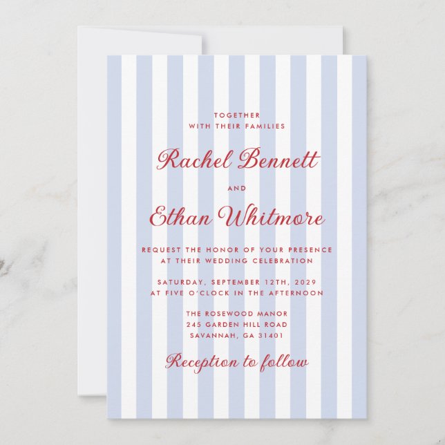 Striped Blue and Red Wedding Invitation (Front)