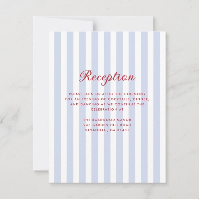 Striped Blue and Red Wedding Reception Card (Front)