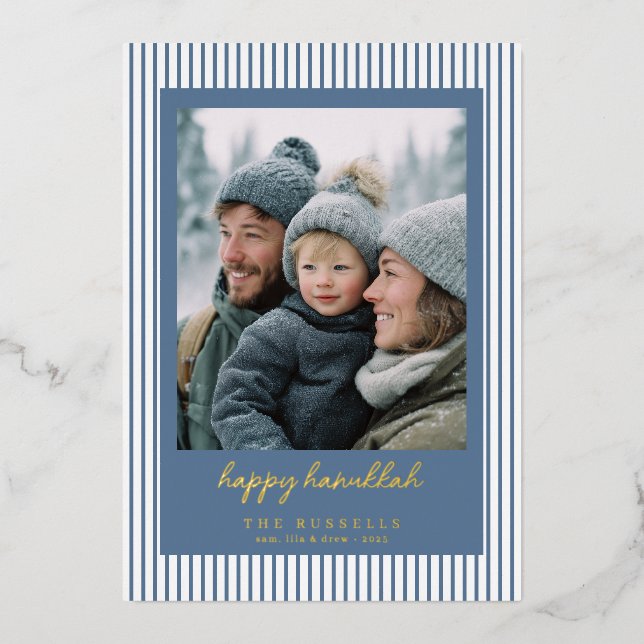 Striped Blue Happy Hanukkah Photo (Front)