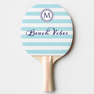 Striped Blue White Beach Vibes Coastal Monogram Ping Pong Paddle