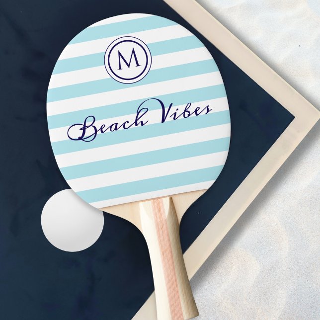 Striped Blue White Beach Vibes Coastal Monogram Ping Pong Paddle (A table tennis paddle with light blue and white stripes, monogram initial and 'Beach Vibes' words)