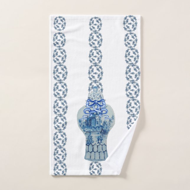 Striped Blue & White Ginger Jar Hand Towel (Hand Towel)