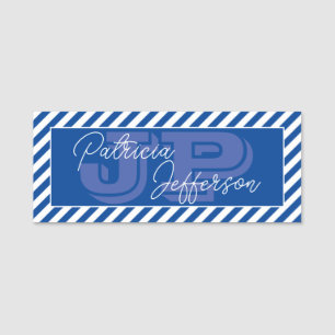 Striped Blue White Unique Monogram Name Tag