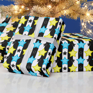 Striped Blue Yellow Stars Pattern Design  Wrapping Paper