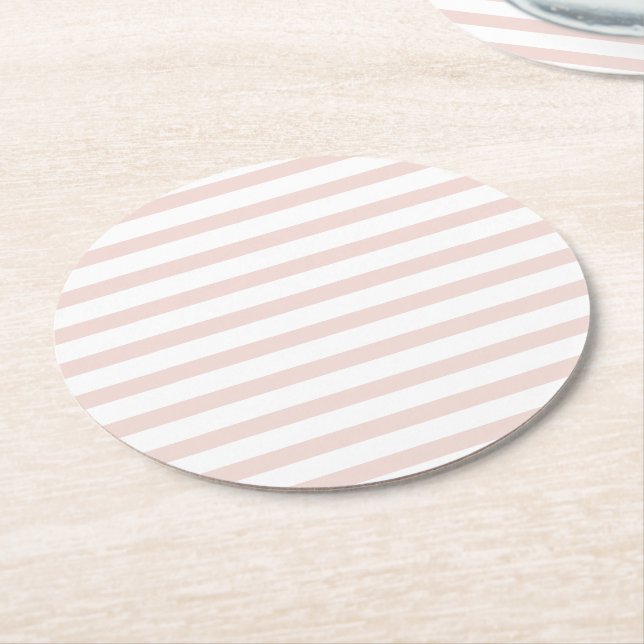 Striped blush pink white horizontal stripes chic round paper coaster (Angled)
