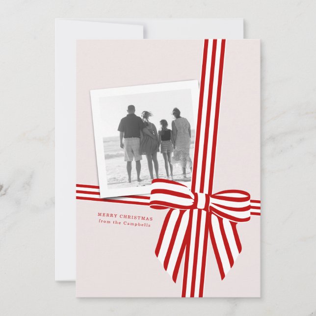 Striped Bow Flat Holiday Photo Card (Front)