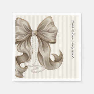 Striped Bow Ivory Taupe Baby Shower  Napkin
