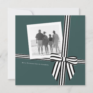 Striped Bow Square Holiday Photo Card Green
